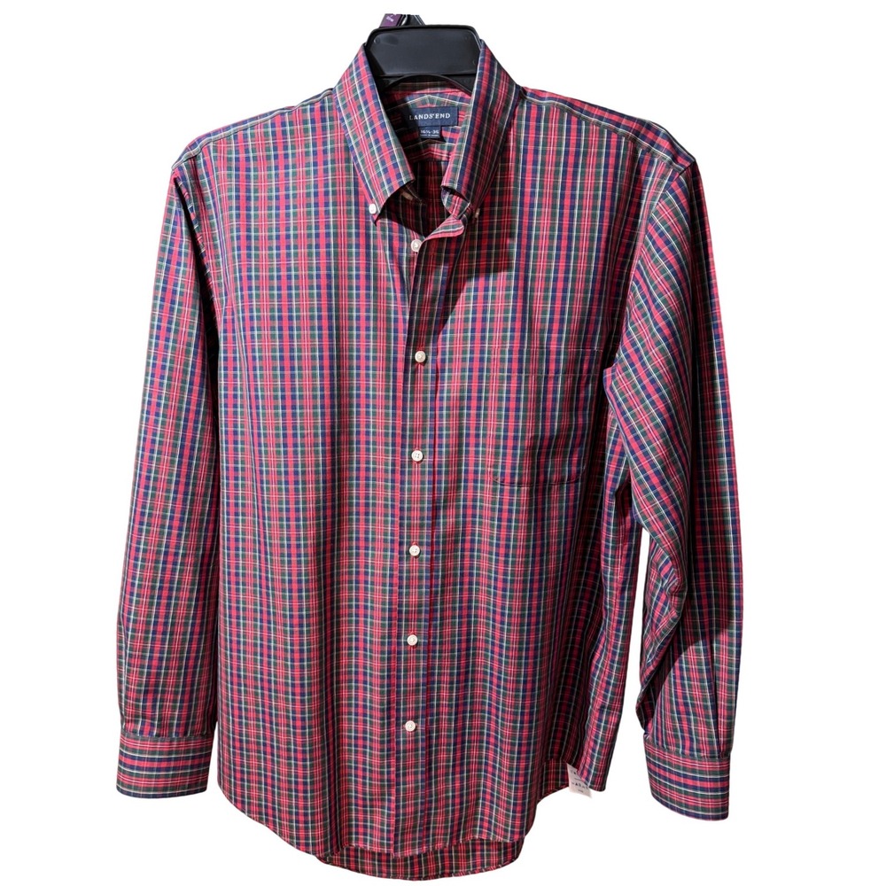 Lands End Men L 16 Traditional Fit Red Blue Green Plaid Cotton Button Down Shirt